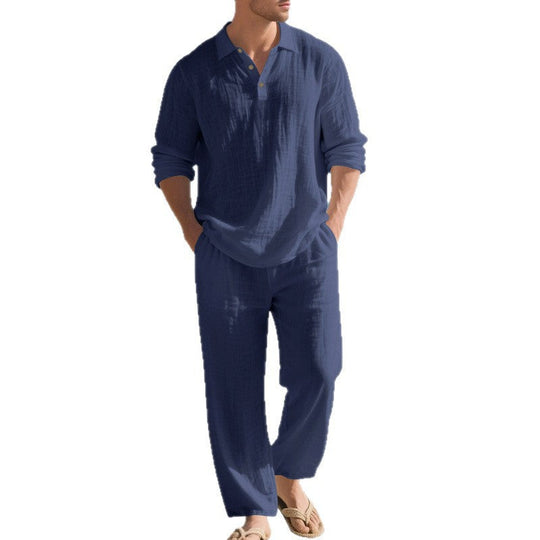 Herren nan leichtes Leinen-Ensemble mit Polokragen und elastischer Bundhose Shopnory
