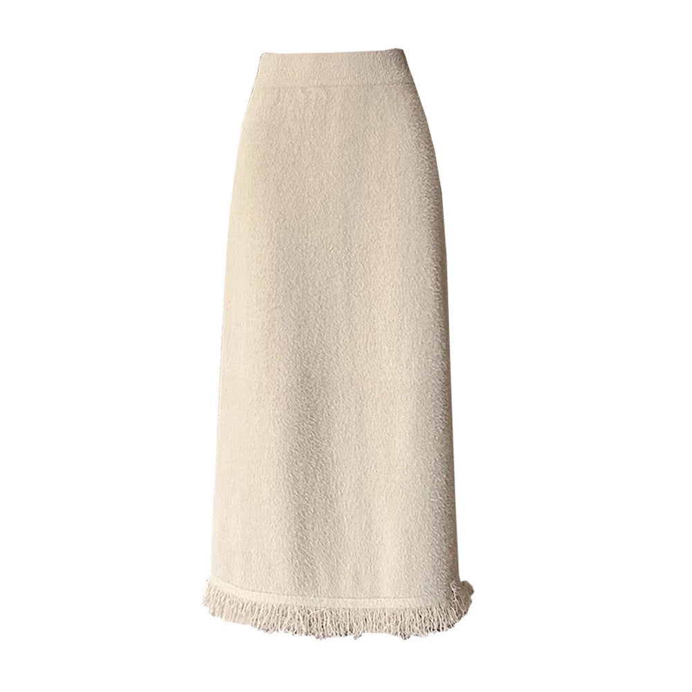 Damen Eleganter Strickmaxirock mit Fransendetails Shop Nory