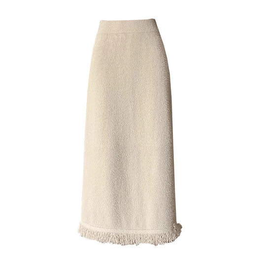 Damen Eleganter Strickmaxirock mit Fransendetails Shop Nory
