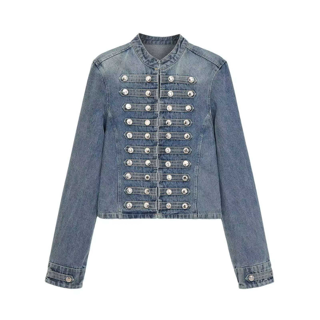 Damen Jeansjacke im Military‑Stil mit Reihenknöpfen und Stehkragen Shop Nory