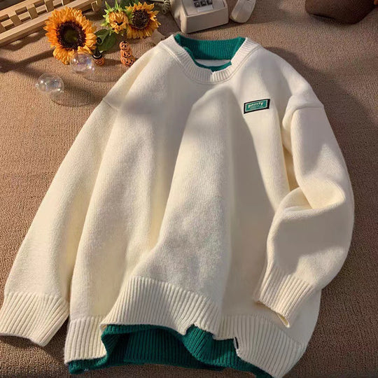 Unisex Oversized Lagenlook-Strickpullover mit kontrastiertem Innenkragen und geripptem Saum Shop Nory