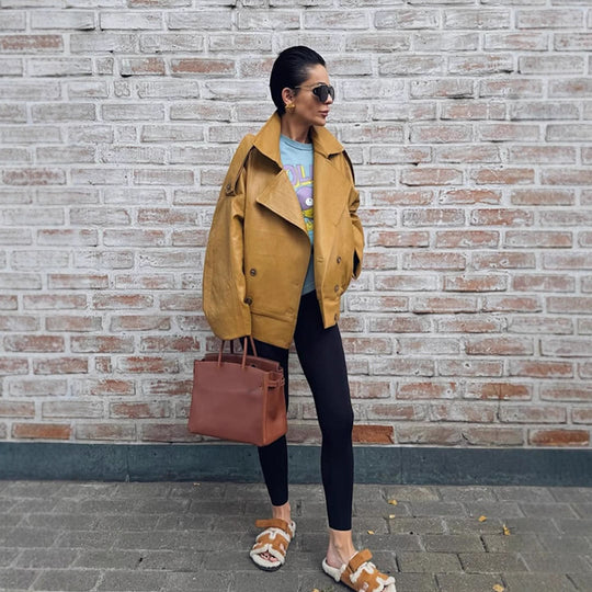 Damen Oversize Lederjacke mit voluminösen Ballonärmeln und kurzer Boxy-Silhouette Shop Nory