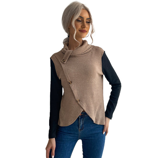 Damen Asymmetrisches Rippenstrick-Layering-Top mit Rollkragen und Zierknopfleiste Shop Nory