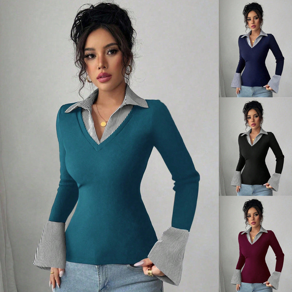 Damen Figurbetontes Feinstrick-Top mit Hemdkragen und Kontrastmanschetten Shop Nory
