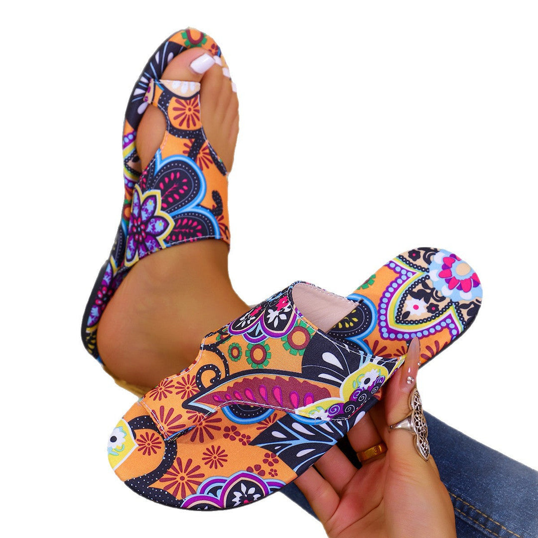 Damen Sommerliche Zehentrenner-Sandalen mit buntem Ethno-Design und rutschfester Sohle Shopnory