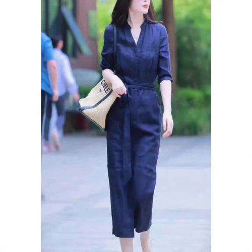 Damen Leinen-Overall mit tailliertem Bindegürtel und 3/4-Ärmeln Shop Nory