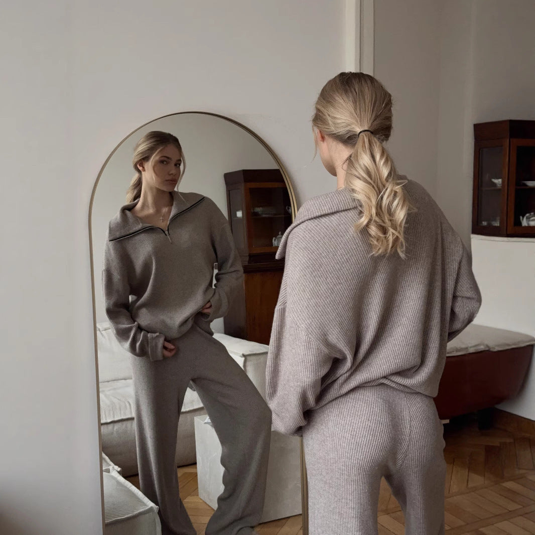 Damen Oversize Strick-Lounge-Set mit halbem Reißverschluss und weitem Bein Shop Nory