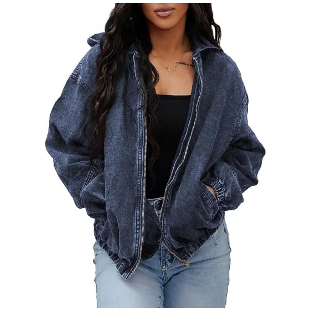 Damen Oversize Jeansjacke mit Kapuze, Reißverschluss und gerafftem Saum Shop Nory