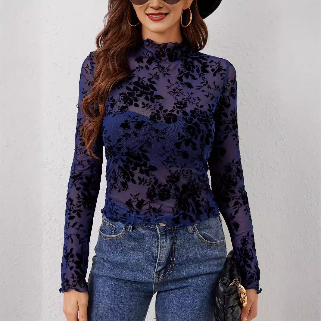 Damen nan transparentes Netzoberteil mit samtigem Floraldruck und Stehkragen