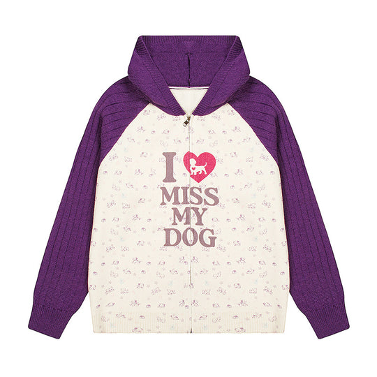 Damen Kapuzen‑Strickjacke mit durchgehendem Reißverschluss, gerippten Ärmeln und Hunde‑Statement‑Print Shop Nory