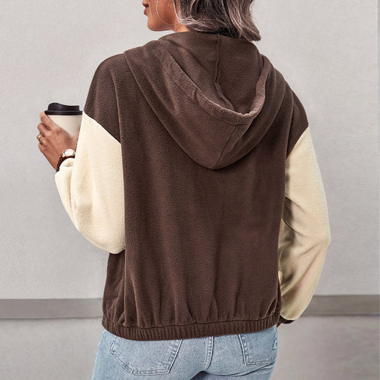 Damen Colorblock-Fleecejacke mit Kapuze, Reißverschluss und Kängurutaschen Shop Nory