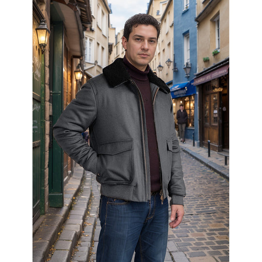 Herren Pilotjacke im Fliegerstil mit Teddykragen, Zwei‑Wege‑Reißverschluss und aufgesetzten Klappentaschen Shop Nory