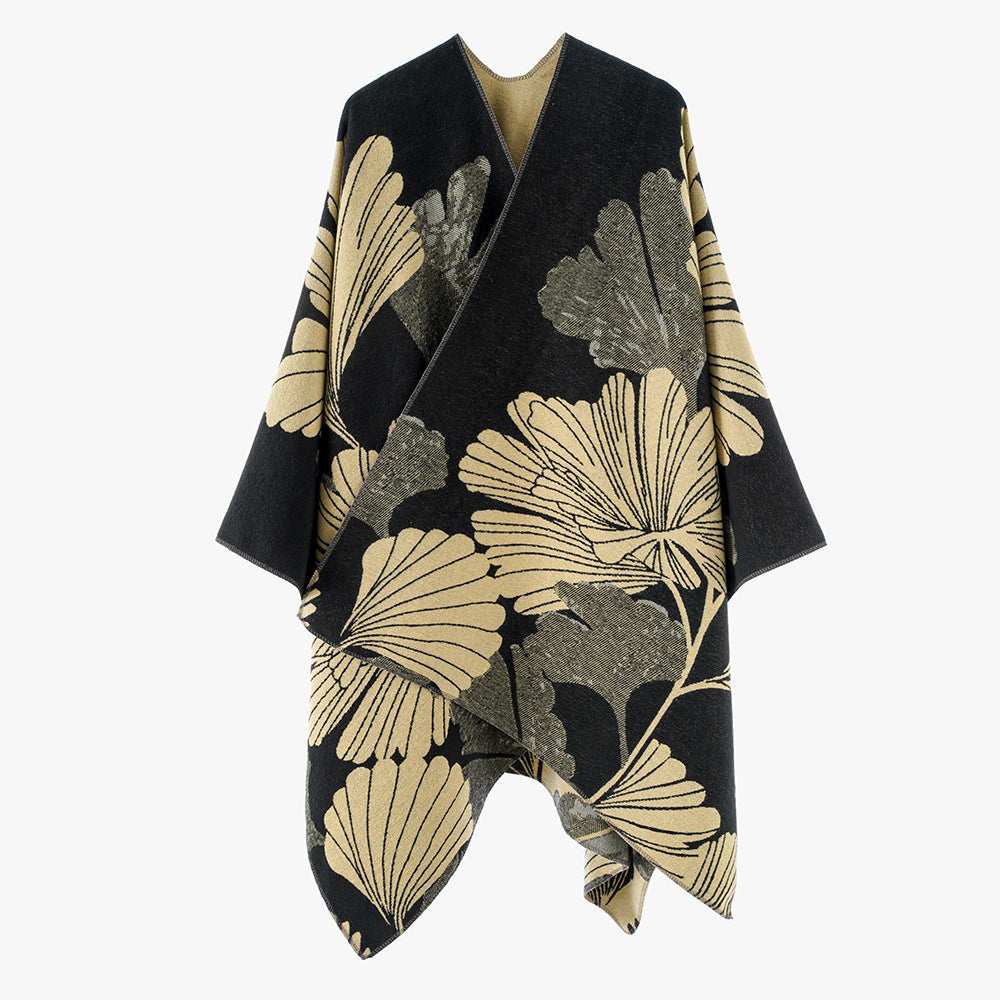 Damen Jacquard‑Capeponcho mit großflächigem Blatt‑Jacquard und offenem Wickelschnitt Shop Nory