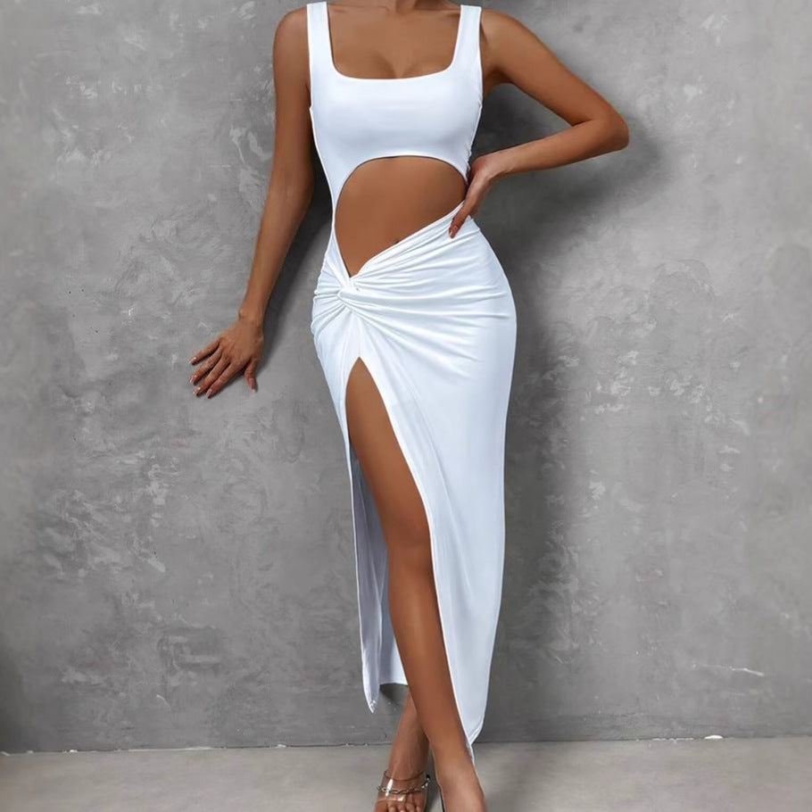 Damen Figurbetontes Cut-Out Maxikleid mit hohem Schlitz und Rüschendetail