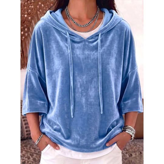 Damen Oversize Samt-Halbarm-Hoodie mit Kordelzug und Taschen Shop Nory