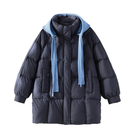 Damen wattierte Steppjacke mit Kapuze Rippkragen weitem Schnitt und Midilänge Shop Nory