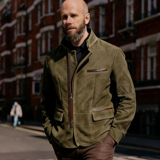 Herren Lederjacke mit hohem Stehkragen und asymmetrischem Zweiwege-Reißverschluss Shop Nory