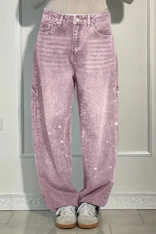 Damen High-Waist Jeans im weiten Cargo-Schnitt mit funkelndem Strassbesatz Shop Nory