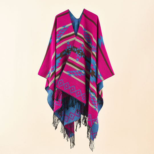 Damen Oversize-Ruana im grafischen Jacquard mit kontrastierter Innenseite und Fransensaum Shop Nory