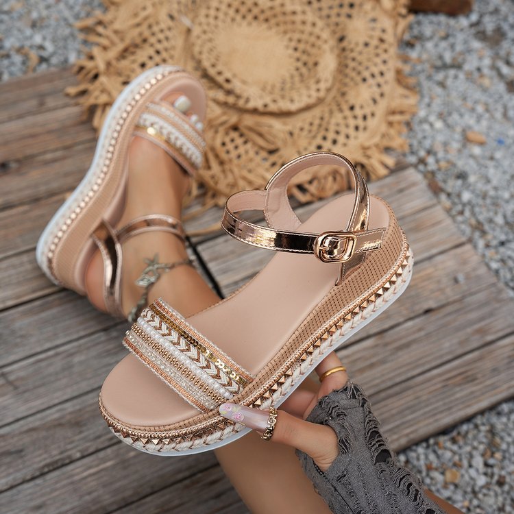 Damen Riemensandalen mit modischer Schmuckverzierung und Plateau-Rand