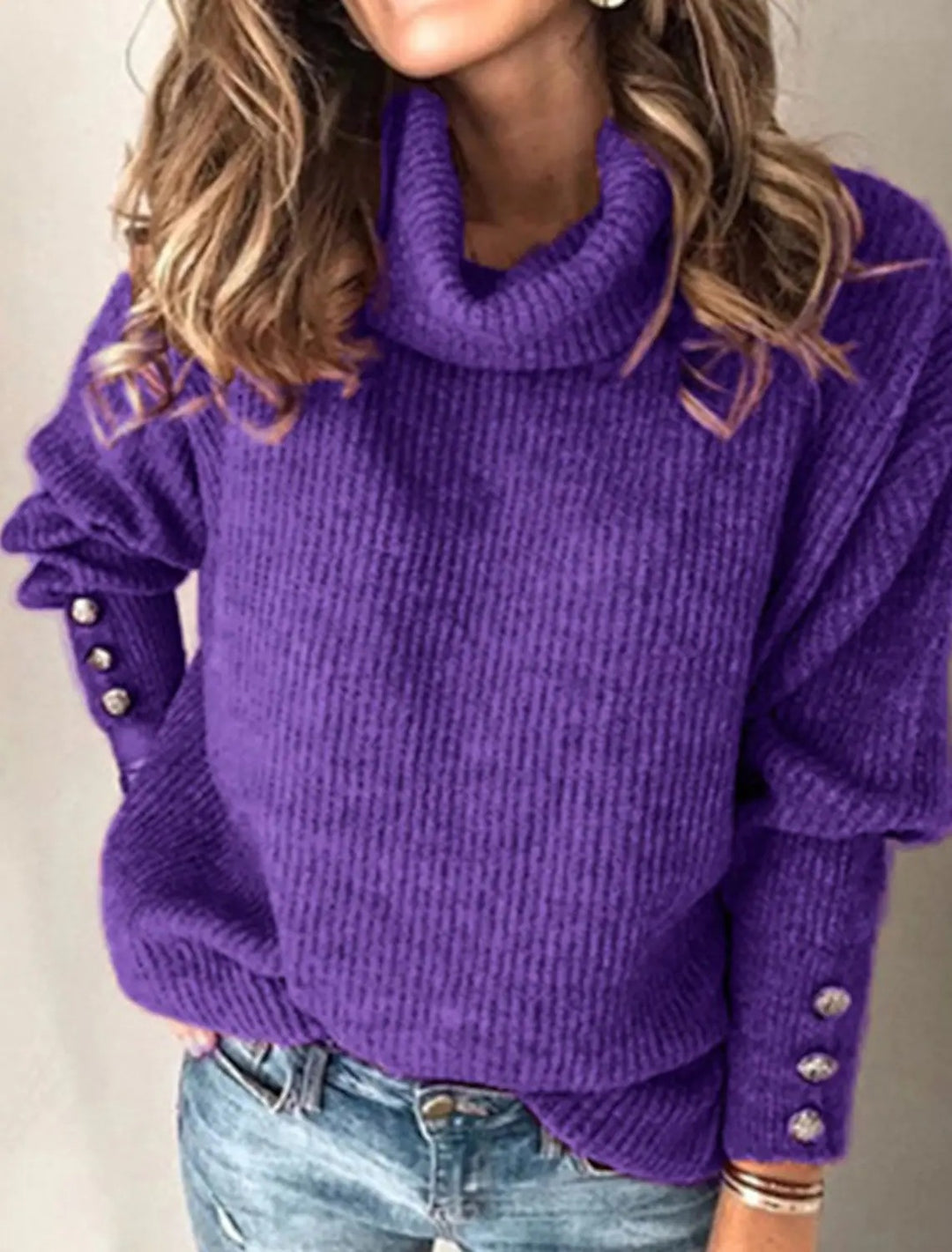 Damen Oversize-Rollkragenpullover mit Strukturstrick und Zierknöpfen Shop Nory