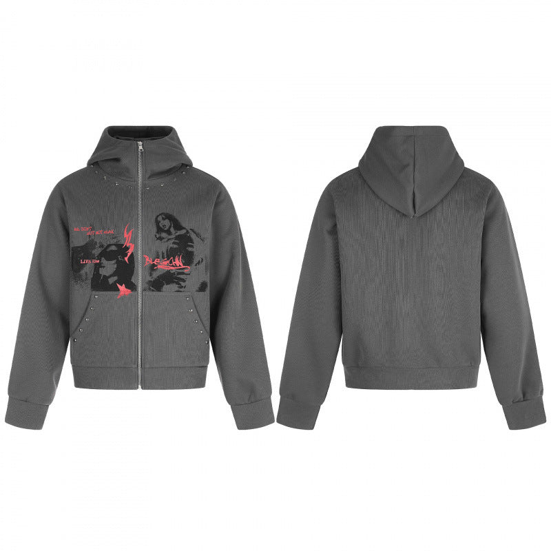 Unisex Oversize Kapuzen-Sweatjacke mit durchgehendem Reißverschluss, Nietenbesatz und grafischem Frontprint Shop Nory