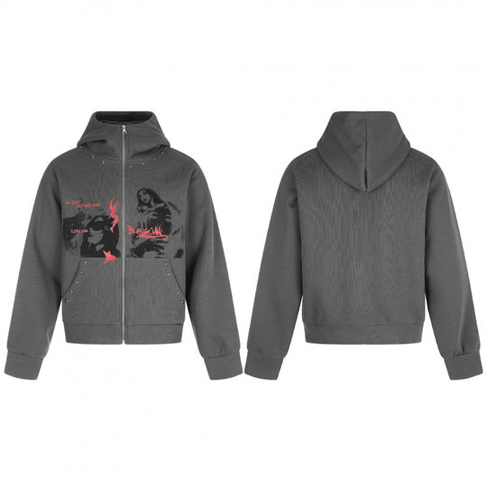 Unisex Oversize Kapuzen-Sweatjacke mit durchgehendem Reißverschluss, Nietenbesatz und grafischem Frontprint Shop Nory