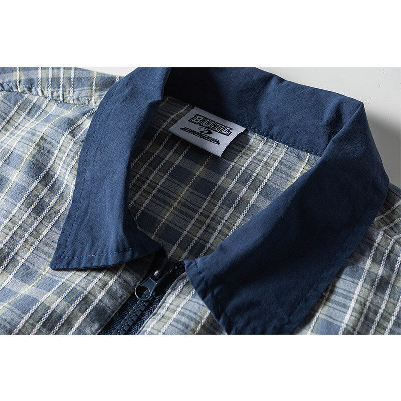Herren Leichte karierte Hemdjacke mit Kontrastkragen, durchgehendem Reißverschluss und Saumkordel Shop Nory