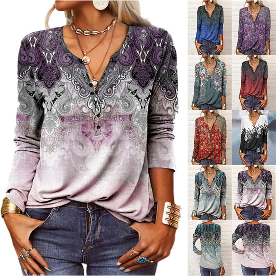 Damen Lockeres Langarm‑Henleyshirt mit V‑Ausschnitt, Knopfleiste und Ombre‑Print Shop Nory