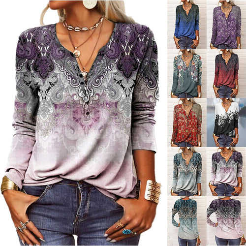 Damen Lockeres Langarm‑Henleyshirt mit V‑Ausschnitt, Knopfleiste und Ombre‑Print Shop Nory