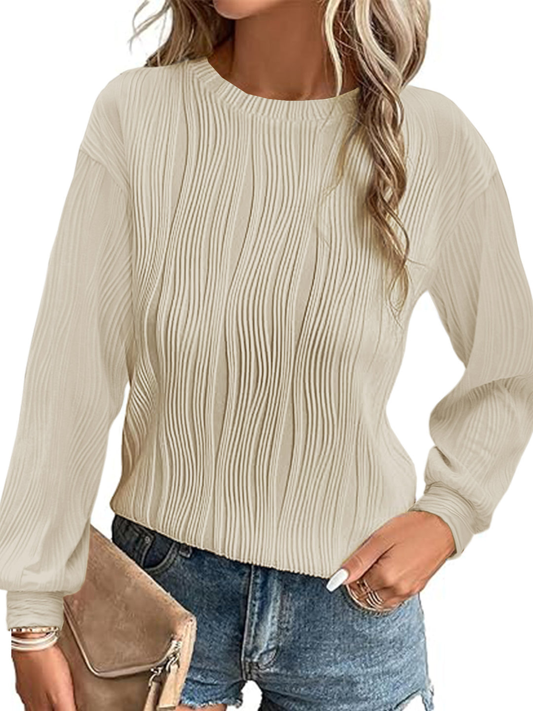 Damen Fein plissiertes Langarmshirt mit Rundhalsausschnitt und strukturierter Wellenoptik Shop Nory