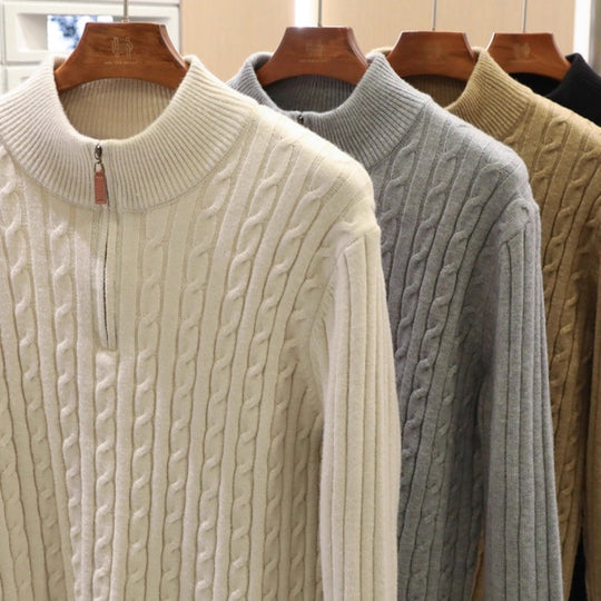 Herren Feinstrick-Pullover mit Zopfmuster und Halbzip-Stehkragen Shop Nory