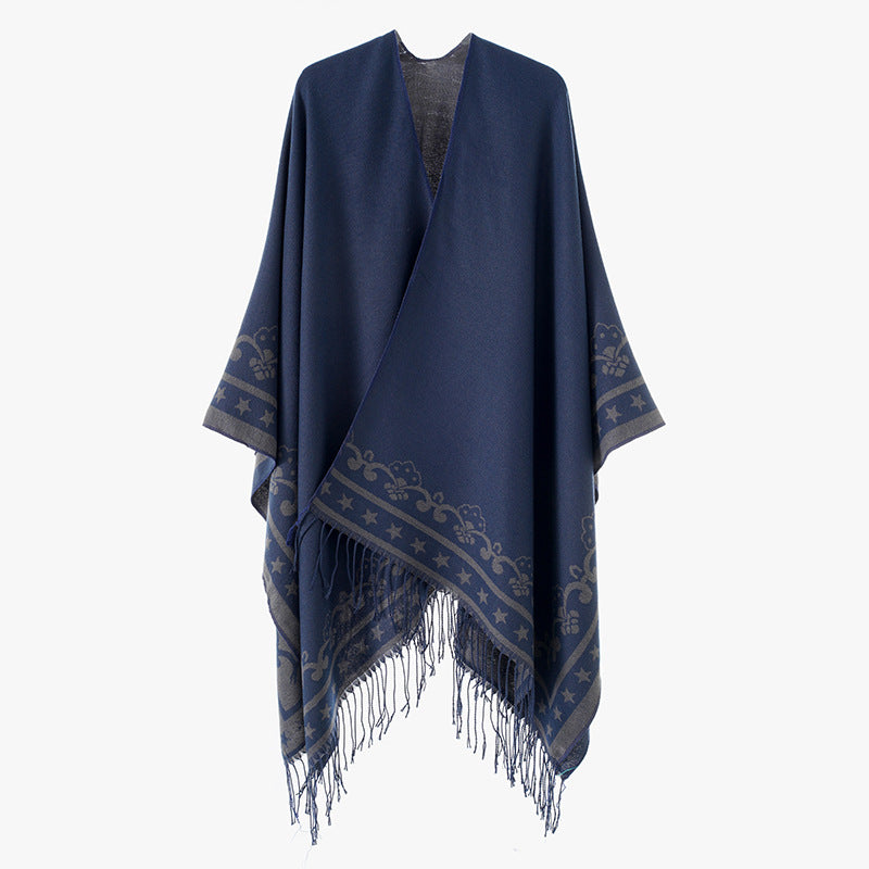 Damen Überwurfponcho aus Wollmix mit dezentem Jacquardbordüren‑Muster und Fransensaum Shop Nory