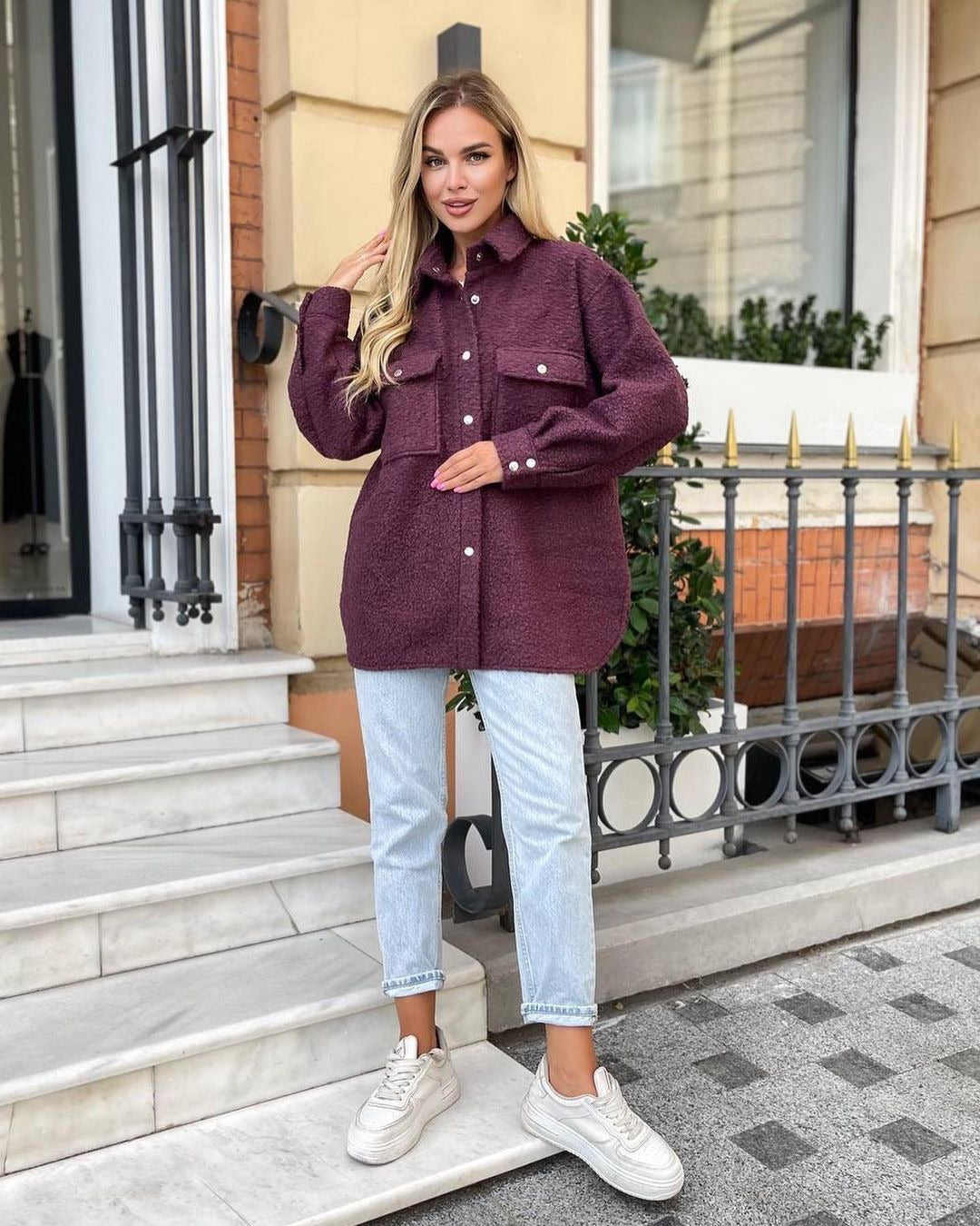 Damen Oversized Teddy-Übergangsjacke mit Brusttaschen und Druckknöpfen Shop Nory