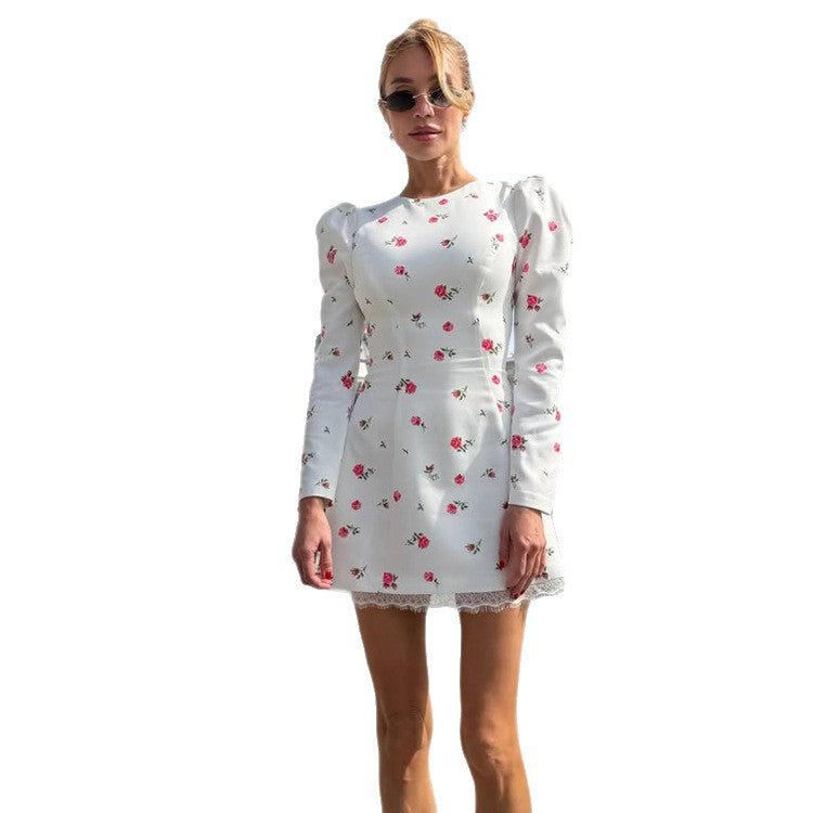 Damen Tailliertes Blumen-Minikleid mit Puffärmeln und Spitzenbesatz Shop Nory