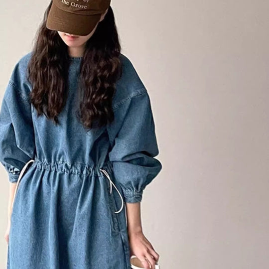 Damen Denim-Midikleid mit Kordelzugtaillierung Shop Nory