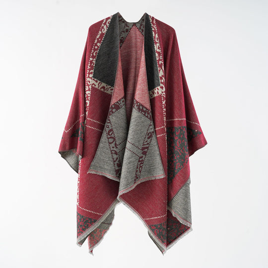 Damen Oversize Cape-Überwurf mit jacquardgewebten Patchmotiven und Fransensaum Shop Nory