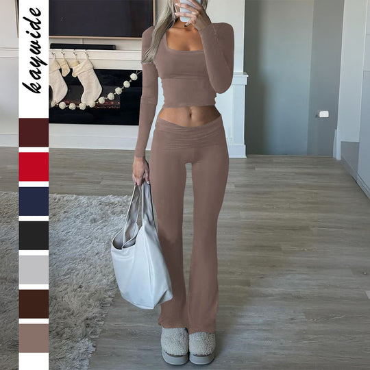 Damen nan figurbetontes Cropped-Set mit langärmeligem Top mit quadratischem Ausschnitt und ausgestellter High‑Waist Yoga-Hose Shop Nory