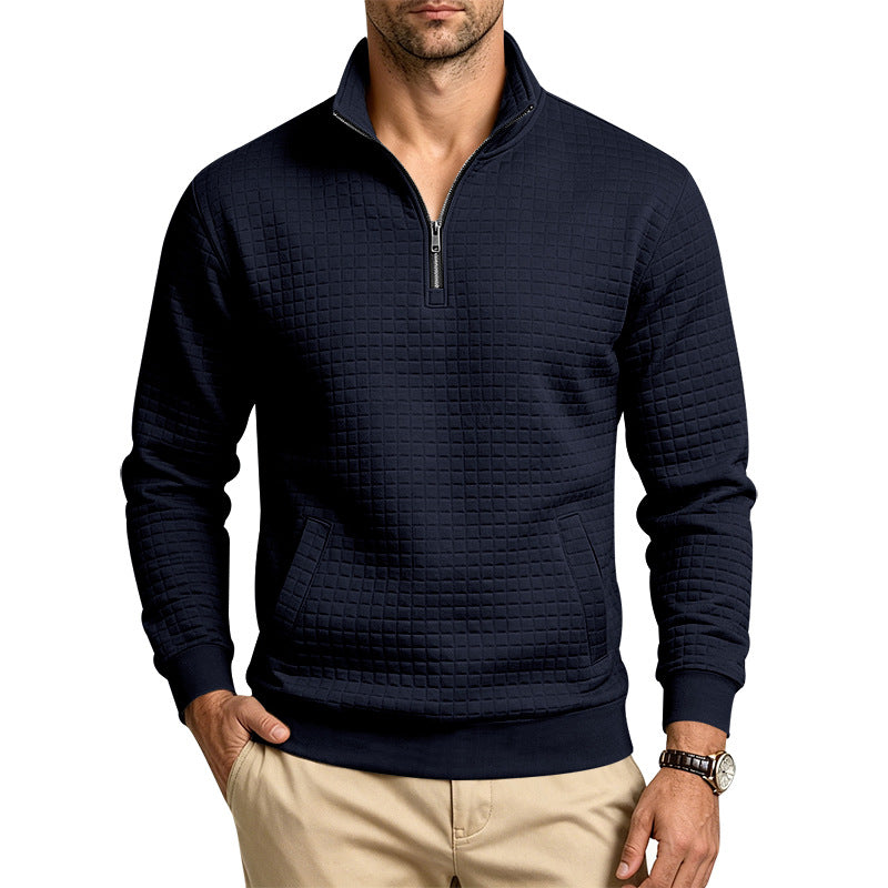 Herren Strukturiertes Stehkragen-Halbzip-Sweatshirt mit Karomuster und Kängurutasche Shop Nory