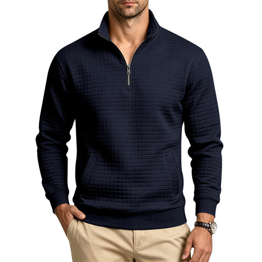 Herren Strukturiertes Stehkragen-Halbzip-Sweatshirt mit Karomuster und Kängurutasche Shop Nory