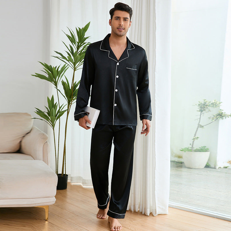 Herren Satin Schlafanzug-Set mit klassischem Kragen und eleganten Kontrastnähten