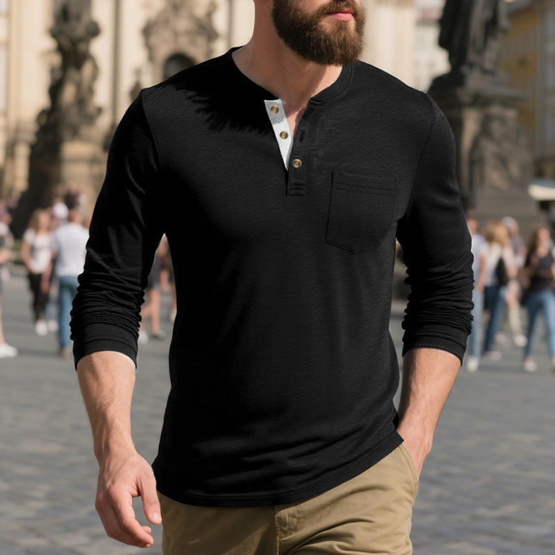Herren Langarm-Henley-Shirt aus weichem Baumwollmix mit praktischer Brusttasche
