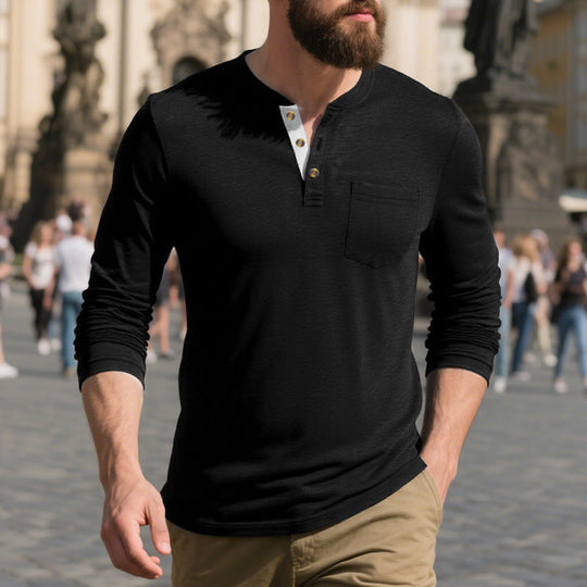 Herren Langarm-Henley-Shirt aus weichem Baumwollmix mit praktischer Brusttasche