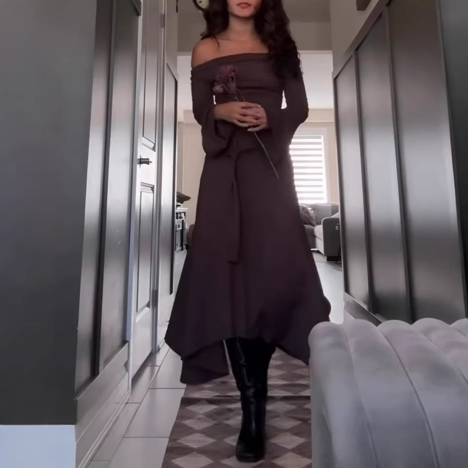 Damen Asymmetrisches Midikleid mit Wasserfallkragen, Glockenärmeln und seitlichem Ringdetail Shop Nory