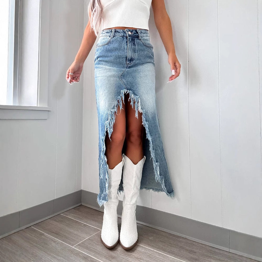 Damen Jeansrock mit fransigem Saum und hohem Schlitz