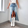 Damen Jeansrock mit fransigem Saum und hohem Schlitz
