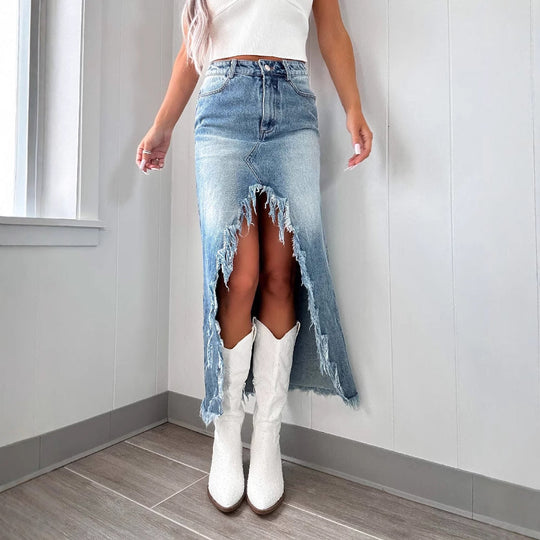 Damen Jeansrock mit fransigem Saum und hohem Schlitz