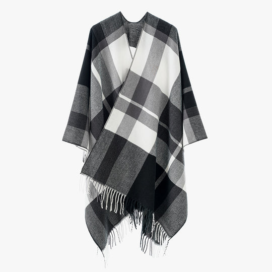 Damen Oversize-Karoponcho aus weichem Wollmix mit Fransensaum Shop Nory