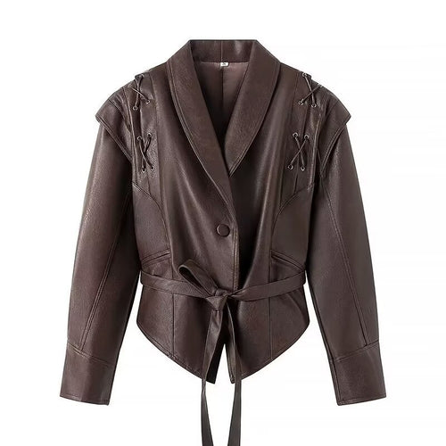 Damen Kurzblazer-Lederjacke mit Schalkragen, Taillengürtel und Schnürdetail Shop Nory