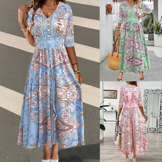 Damen Maxikleid mit Paisley‑Print, V‑Ausschnitt, Smok‑Taillenband und 3/4‑Ärmeln Shop Nory